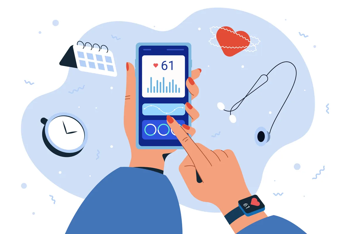 Illustration of a person syncing their health data from different apps and devices on a smartphone.